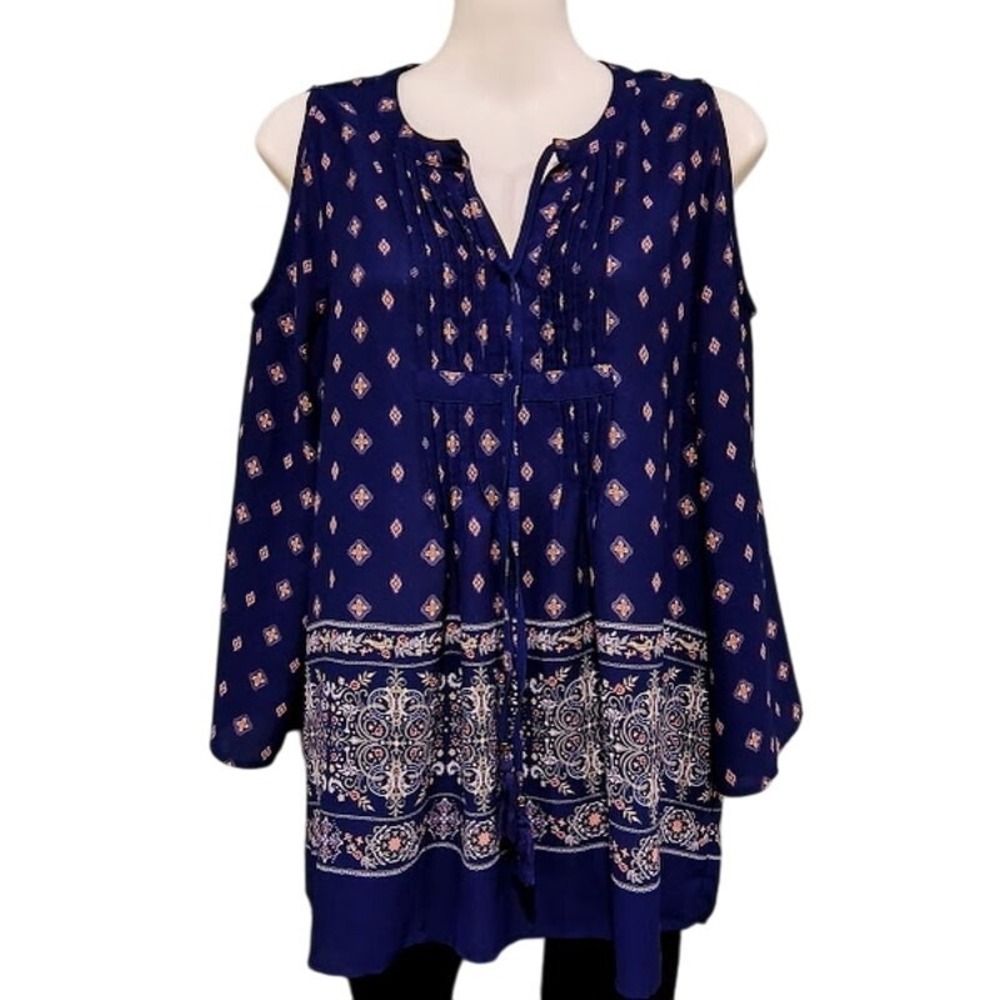 The Limited Cold Shoulder Tunic with Pintucks and Tasseled Tie, Navy Multi, Sz S